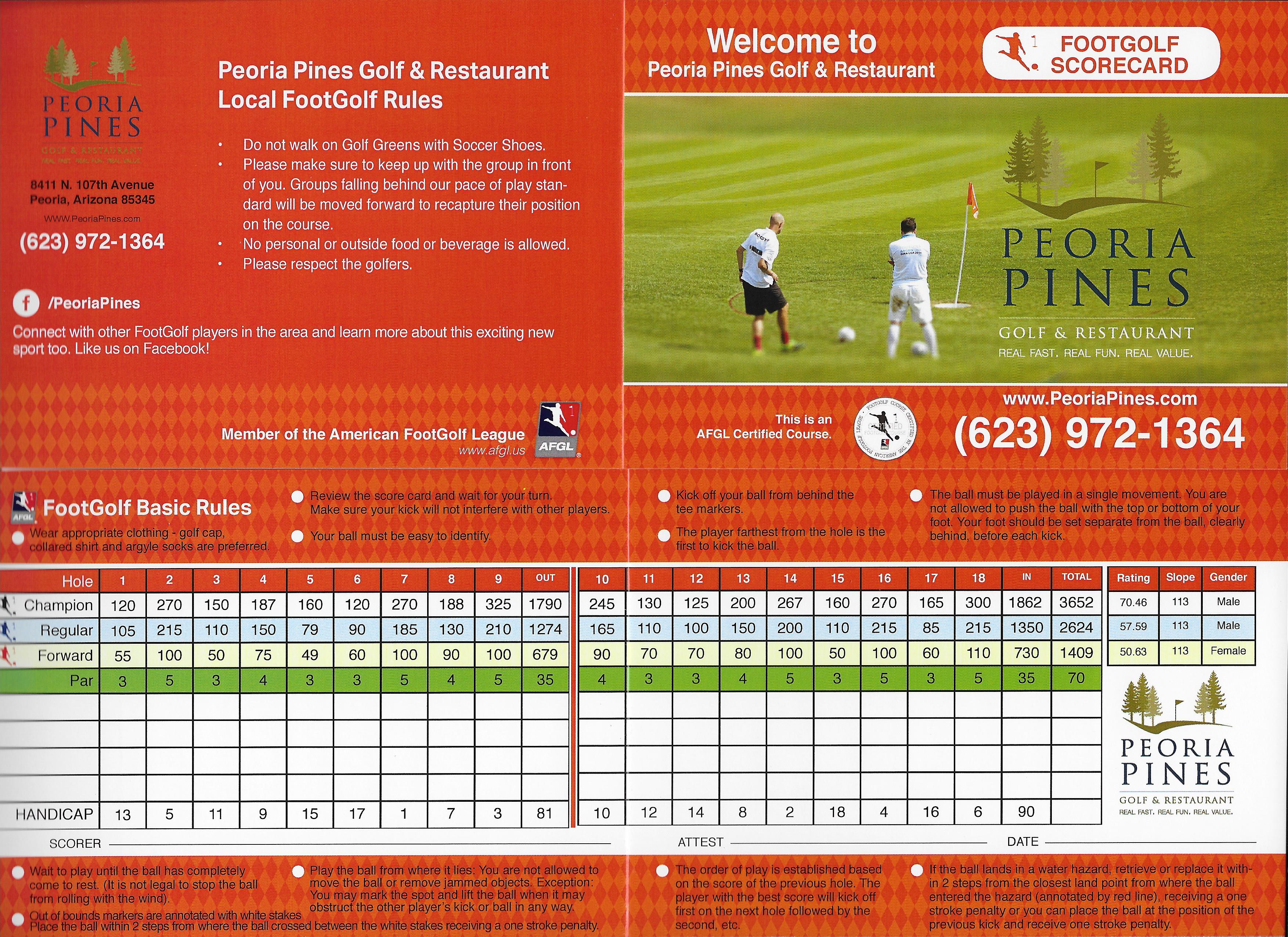 FootGolf Scorecard Peoria Pines Golf & Restaurant